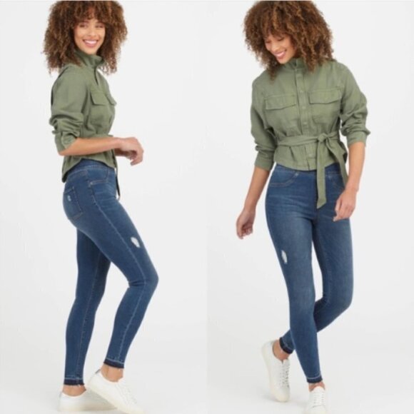 Spanx Pull On Distressed Jean Raw Hem Jegging Dark Wash size Small - Picture 1 of 10